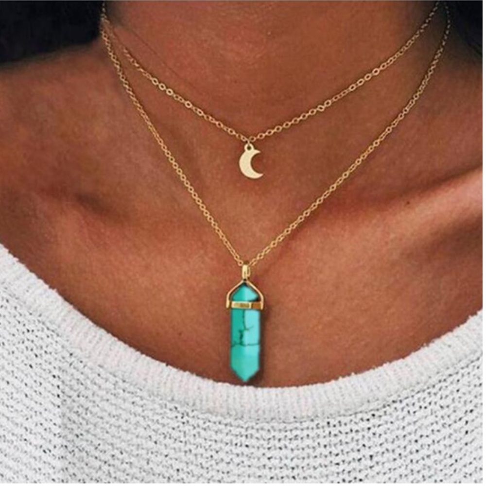 NEW 💎 turquoise gold layered moon charm necklace